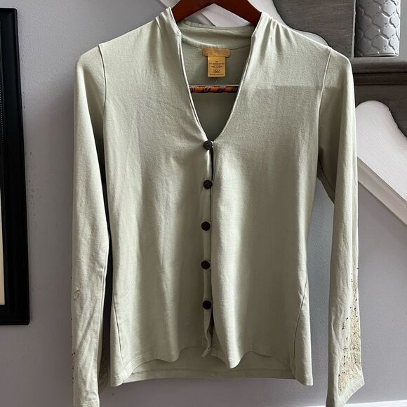 Shiva Shakti Yoga Celery V-Neck Jersey Button Down Top sz M - Picture 1 of 5
